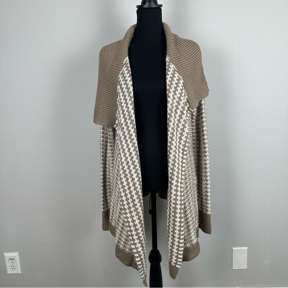 Dressbarn Open Front Cardigan Womens Large Tan White Knit Shawl Collar Sweater